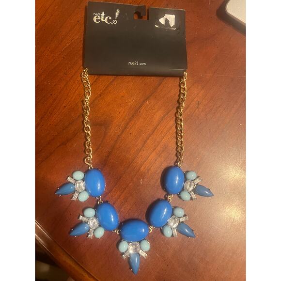 NWT SYGA Noble Stone Necklace Chain Blue on Blue with Clear Stones.  Elegant - Picture 4 of 6